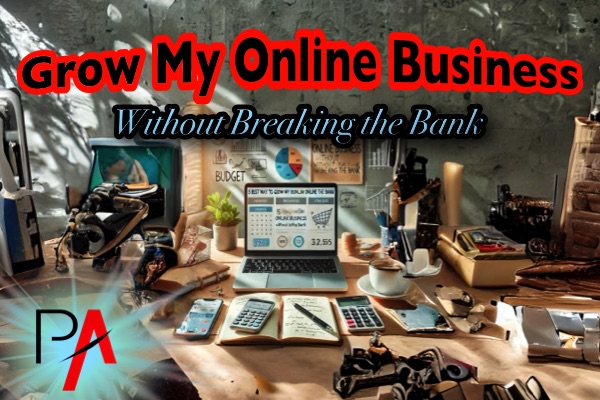 DALL·E 2024-06-25 17.05.10 - An image for a blog article titled '5 Best Ways to Grow My Online Business Without Breaking the Bank'_ a modern home office setup with a laptop showing marketing grids